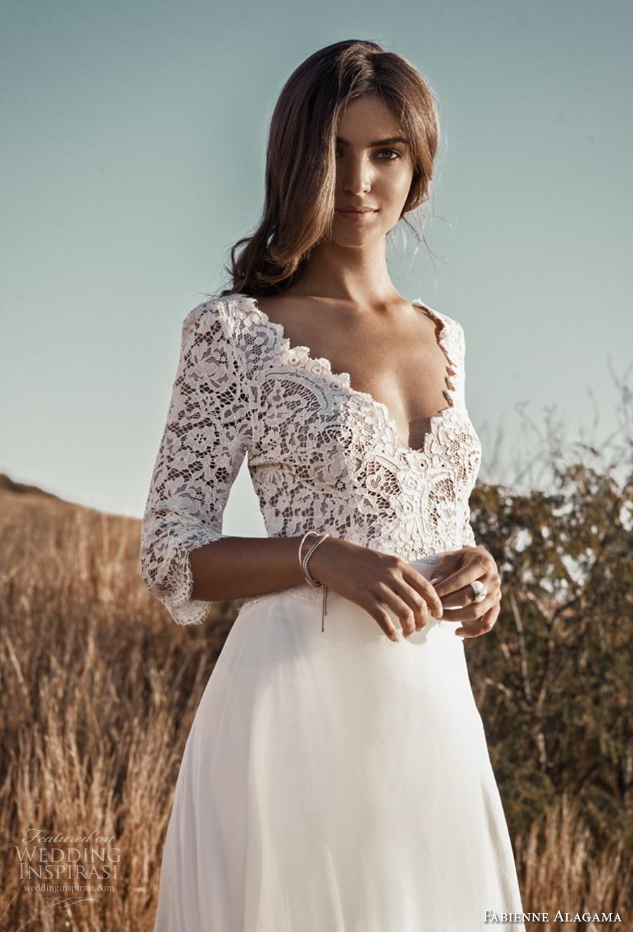 fabienne alagama 2019 bridal three quarter sleeves scallop v neck heavily embellished bodice romantic a  line wedding dress (7) mv