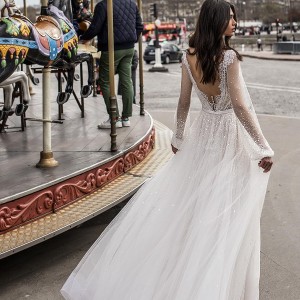 julie vino 2019 paris bridal long bishop sleeves deep v neck heavily embellished bodice romantic a  line wedding dress v back chapel train (12) bv