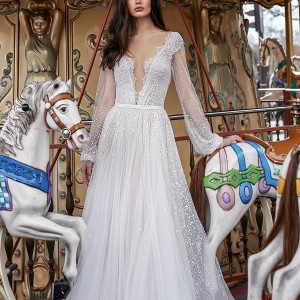 julie vino 2019 paris bridal long bishop sleeves deep v neck heavily embellished bodice romantic a  line wedding dress v back chapel train (12) mv