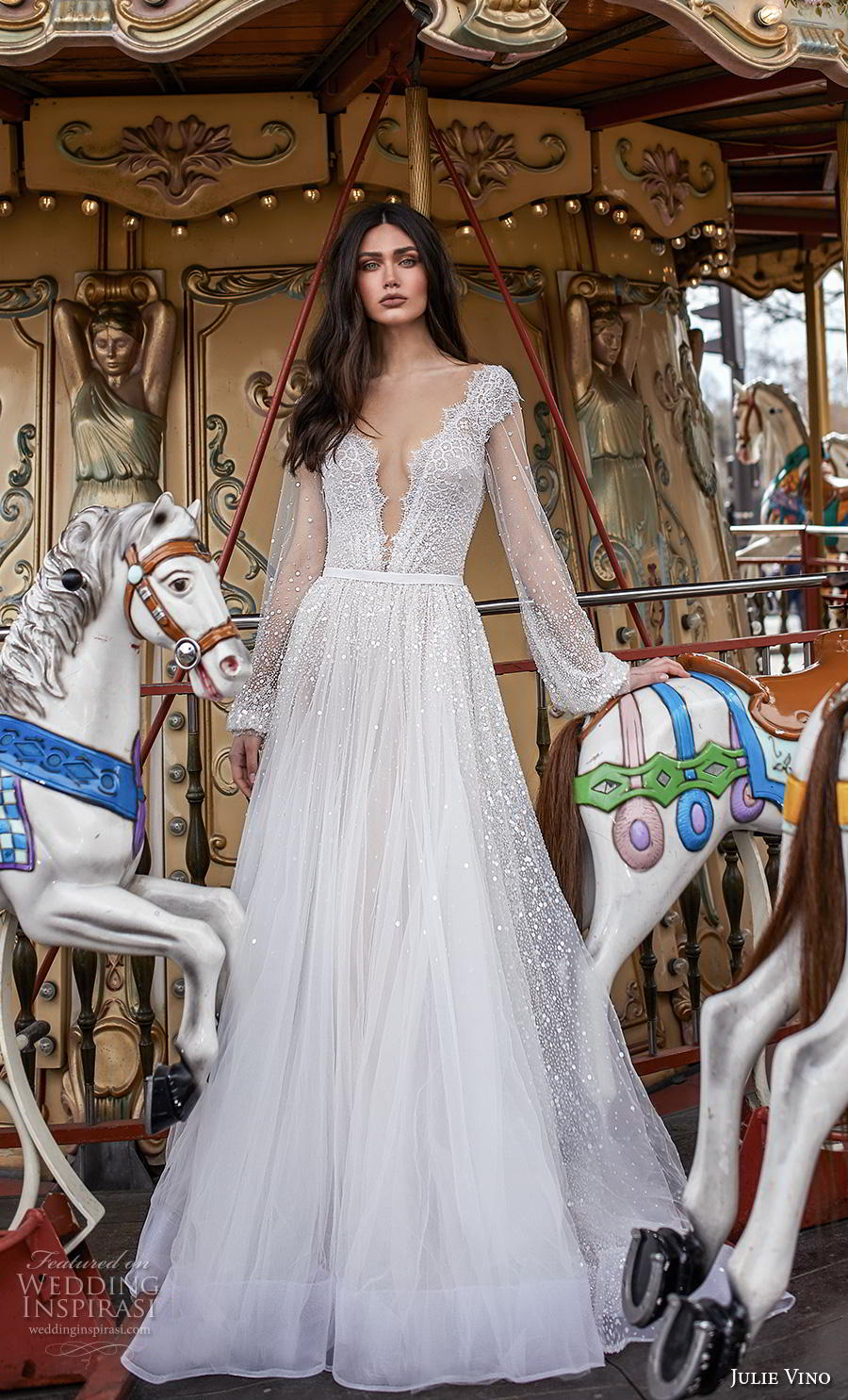 julie vino 2019 paris bridal long bishop sleeves deep v neck heavily embellished bodice romantic a  line wedding dress v back chapel train (12) mv