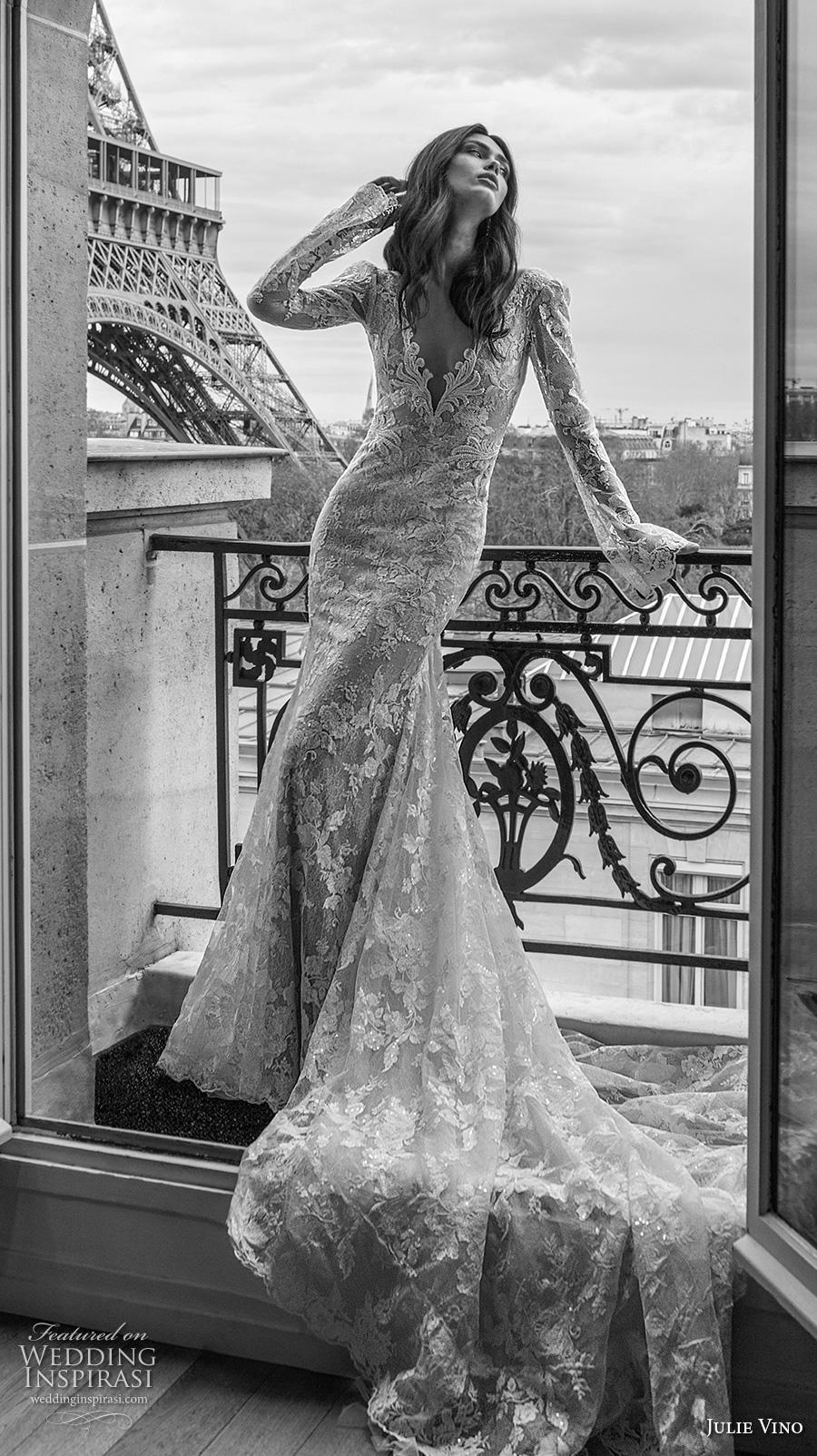 julie vino 2019 paris bridal long poet sleeves deep v neck full embellishment elegant gorgeous fit and flare mermaid wedding dress open low back chapel train (1) mv