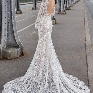 julie vino 2019 paris bridal long sleeves deep v neck full embellishment sexy elegant sheath fit and flare wedding dress backless v back chapel train (14) bv