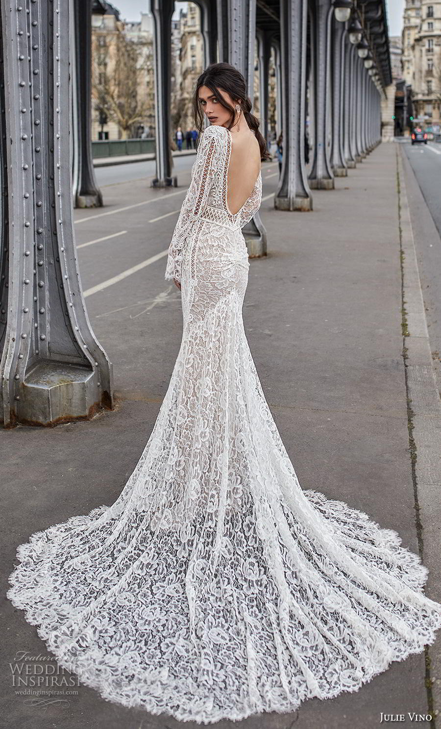 julie vino 2019 paris bridal long sleeves deep v neck full embellishment sexy elegant sheath fit and flare wedding dress backless v back chapel train (14) bv