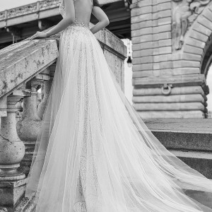 julie vino 2019 paris bridal sleeveless bateau sweetheart neckline heavily embellished bodice glamorous romantic fit and flare wedding dress a  line overskirt keyhole back chapel train (9) bv