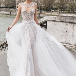 julie vino 2019 paris bridal sleeveless bateau sweetheart neckline heavily embellished bodice glamorous romantic fit and flare wedding dress a  line overskirt keyhole back chapel train (9) mv