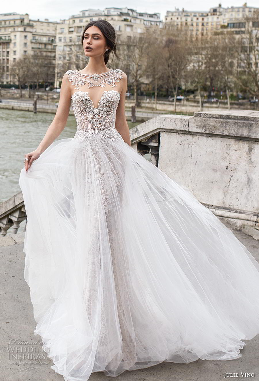 julie vino 2019 paris bridal sleeveless bateau sweetheart neckline heavily embellished bodice glamorous romantic fit and flare wedding dress a  line overskirt keyhole back chapel train (9) mv