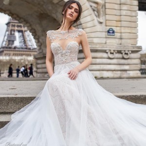 julie vino 2019 paris bridal sleeveless bateau sweetheart neckline heavily embellished bodice glamorous romantic fit and flare wedding dress a  line overskirt keyhole back chapel train (9) zv
