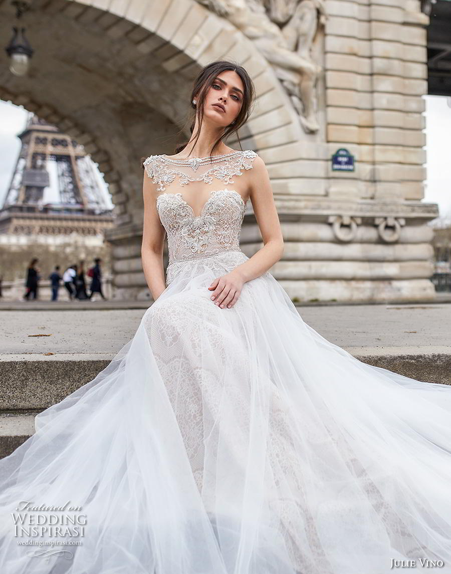 julie vino 2019 paris bridal sleeveless bateau sweetheart neckline heavily embellished bodice glamorous romantic fit and flare wedding dress a  line overskirt keyhole back chapel train (9) zv 