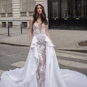 julie vino 2019 paris bridal sleeveless deep v neck full embellishment elegant glamorous fit and flare wedding dress a  line overskirt backless v back chapel train (10) mv