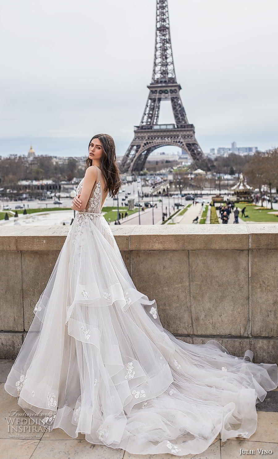 julie vino 2019 paris bridal sleeveless deep v neck heavily embellished bodice tiered skirt romantic soft a  line wedding dress backless v back chapel train (2) bv 