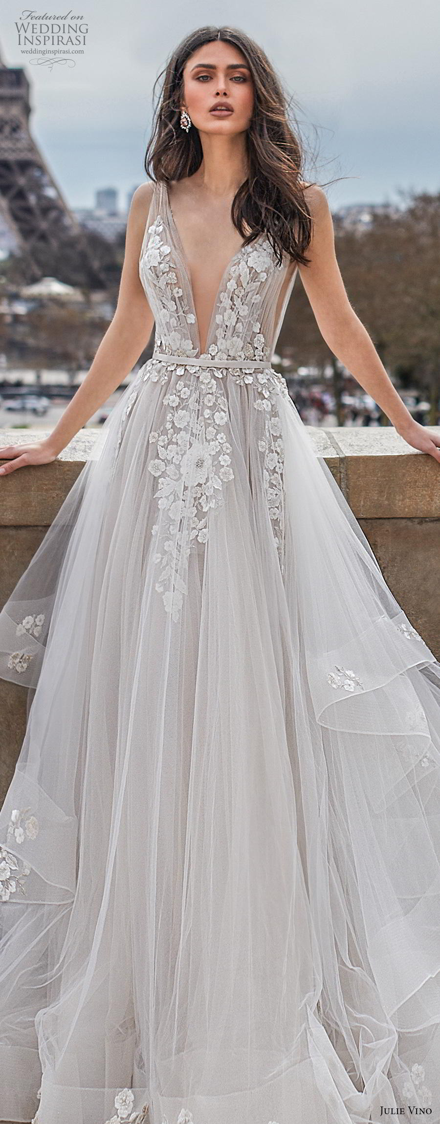 julie vino 2019 paris bridal sleeveless deep v neck heavily embellished bodice tiered skirt romantic soft a  line wedding dress backless v back chapel train (2) lv