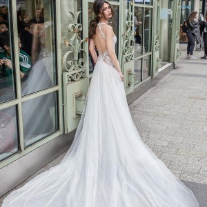 julie vino 2019 paris bridal strapless sweetheart neckline heavily embellished bodice slit skirt glamorous sexy soft a  line wedding dress keyhole back chapel train (8) bv