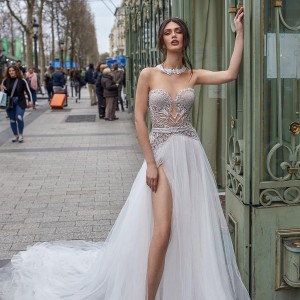 julie vino 2019 paris bridal strapless sweetheart neckline heavily embellished bodice slit skirt glamorous sexy soft a  line wedding dress keyhole back chapel train (8) mv
