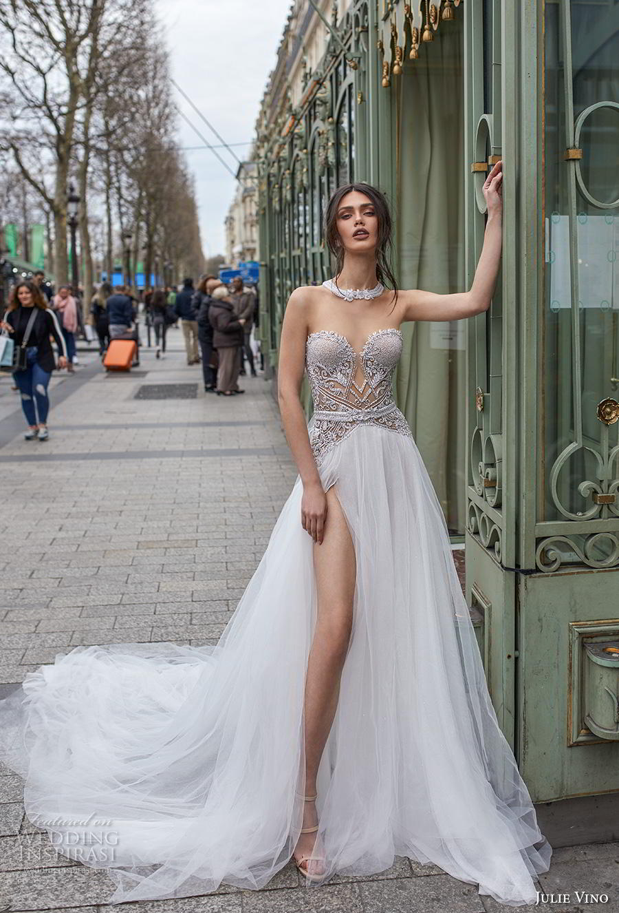 julie vino 2019 paris bridal strapless sweetheart neckline heavily embellished bodice slit skirt glamorous sexy soft a  line wedding dress keyhole back chapel train (8) mv