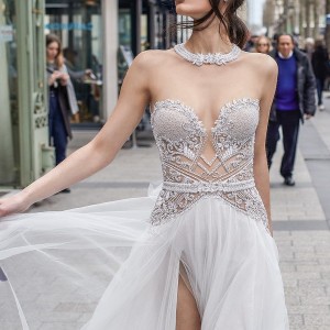 julie vino 2019 paris bridal strapless sweetheart neckline heavily embellished bodice slit skirt glamorous sexy soft a  line wedding dress keyhole back chapel train (8) zv