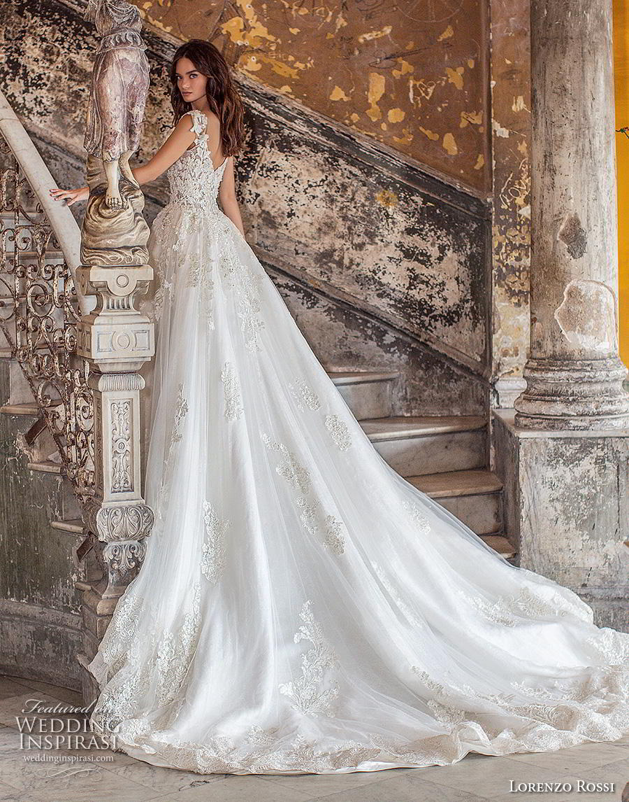 lorenzo rossi 2018 bridal cap sleeves deep v neck heavily embellished bodice glizty romantic princess a  line wedding dress v back royal train (4) bv