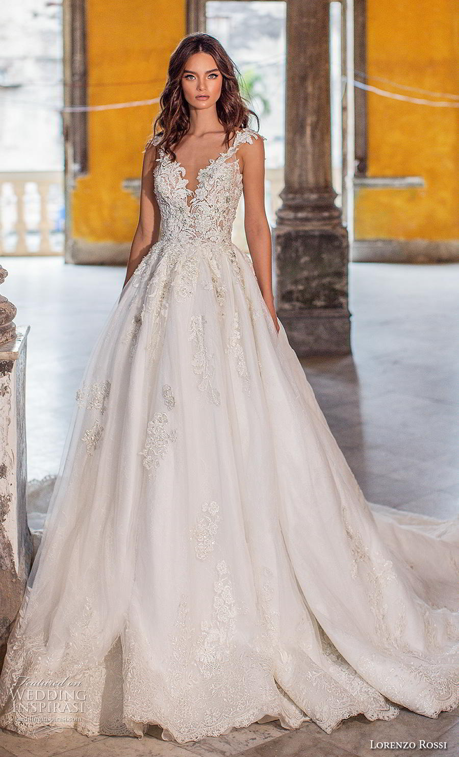 lorenzo rossi 2018 bridal cap sleeves deep v neck heavily embellished bodice glizty romantic princess a  line wedding dress v back royal train (4) mv
