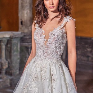 lorenzo rossi 2018 bridal cap sleeves deep v neck heavily embellished bodice glizty romantic princess a  line wedding dress v back royal train (4) zv