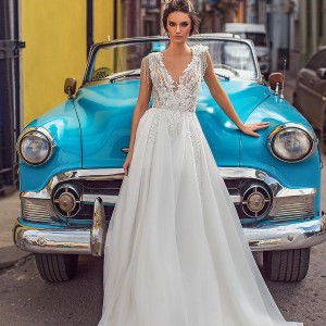 lorenzo rossi 2018 bridal cap sleeves v neck heavily embellished bodice glitzy romantic a  line wedding dress rasor sheer lace back chapel train (7) mv