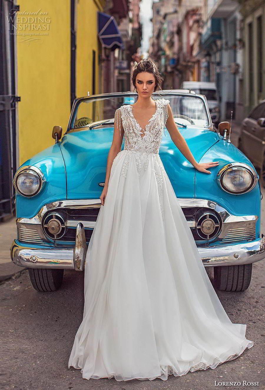 lorenzo rossi 2018 bridal cap sleeves v neck heavily embellished bodice glitzy romantic a  line wedding dress rasor sheer lace back chapel train (7) mv
