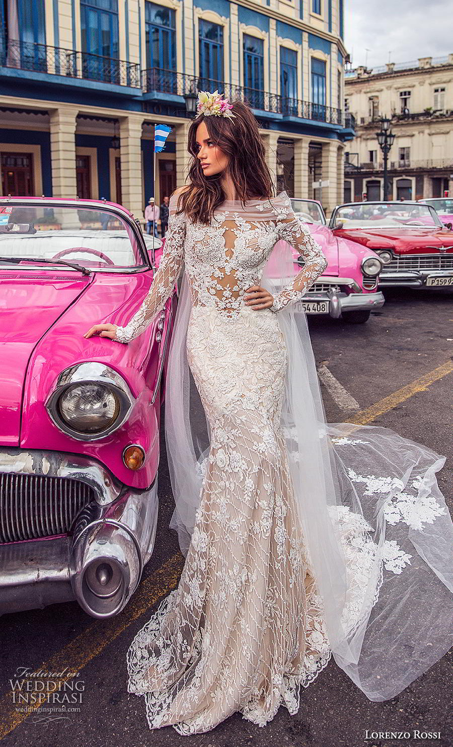 lorenzo rossi 2018 bridal long sleeves illusion bateau sweetheart neckline full embellishment elegant fit and flare wedding dress sheer button back chapel train (3) mv