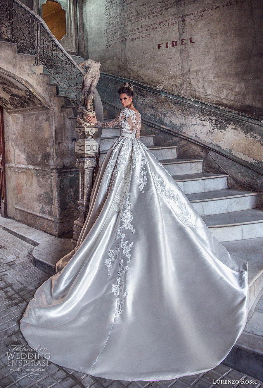 lorenzo rossi 2018 bridal long sleeves illusion bateau v neck heavily embellished bodice stain skirt princess glamorous a  line wedding dress sheer lace back royal train (12) bv