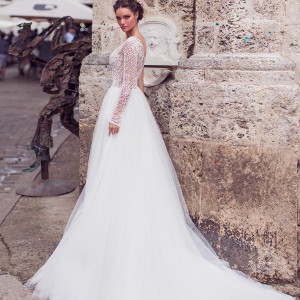lorenzo rossi 2018 bridal long sleeves one shoulder heavily embellished bodice tulle skirt romantic a  line wedding dress chapel train (6) bv
