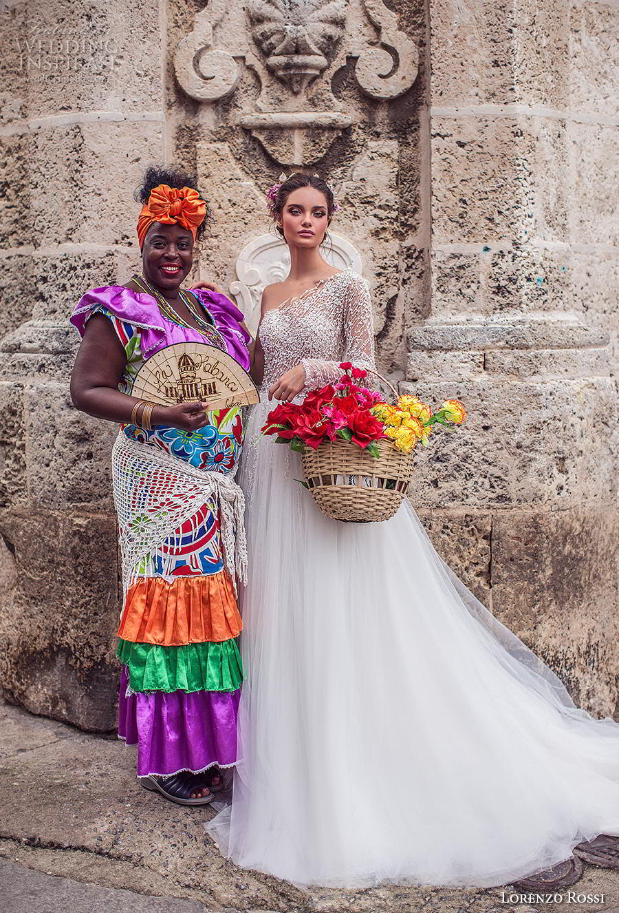 lorenzo rossi 2018 bridal long sleeves one shoulder heavily embellished bodice tulle skirt romantic a  line wedding dress chapel train (6) mv