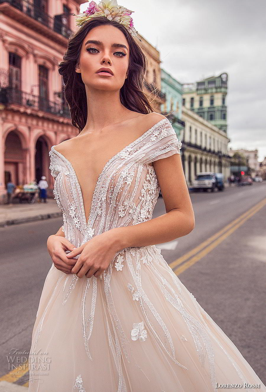 lorenzo rossi 2018 bridal off the shoulder deep plunging sweetheart neckline heavily embellished bodice romantic princess v back royal train (2) zv