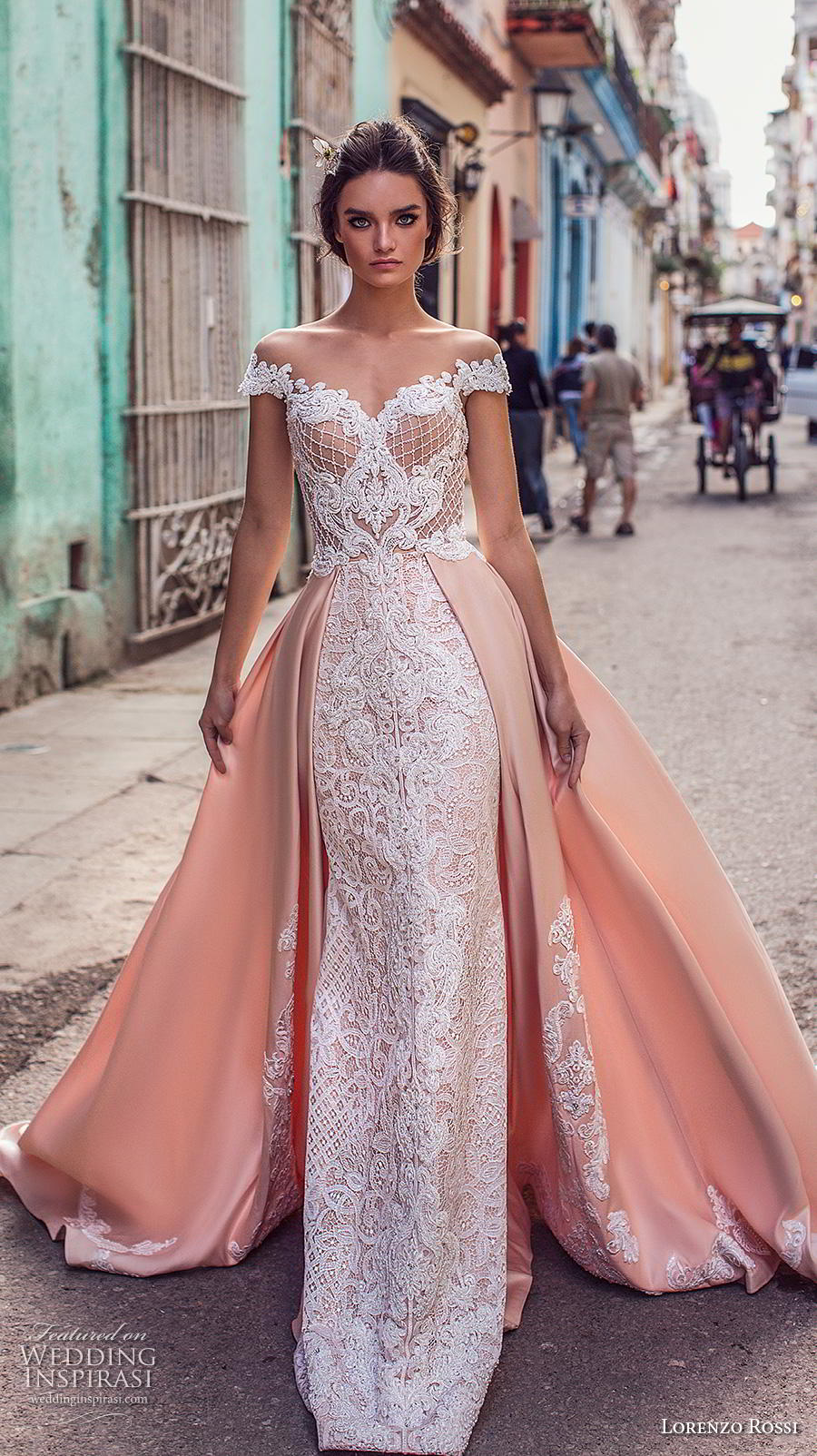 lorenzo rossi 2018 bridal off the shoulder sweetheart neckline full embellishment elegant blush sheath wedding dress a  line overskirt chapel train (14) mv
