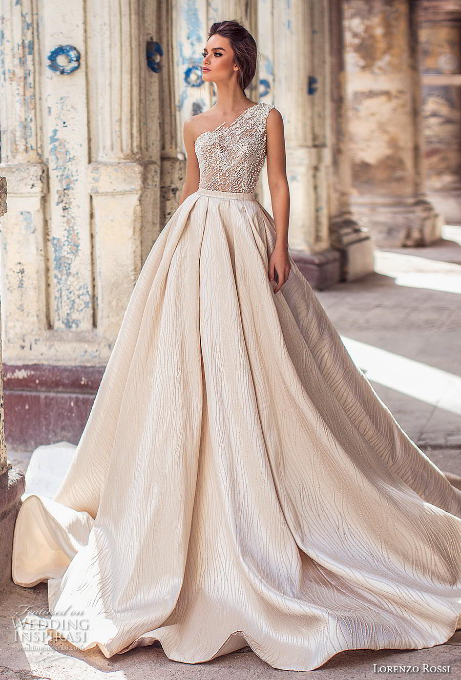 lorenzo rossi 2018 bridal one shoulder heavily embellished bodice pleated skirt princess ball gown a  line wedding dress royal train (19) mv