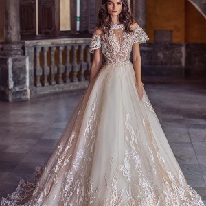 lorenzo rossi 2018 bridal short bell sleeves bateau neck heavily embellished bodice romantic elegant blush a  line wedding dress sheer button back chapel train (5) mv