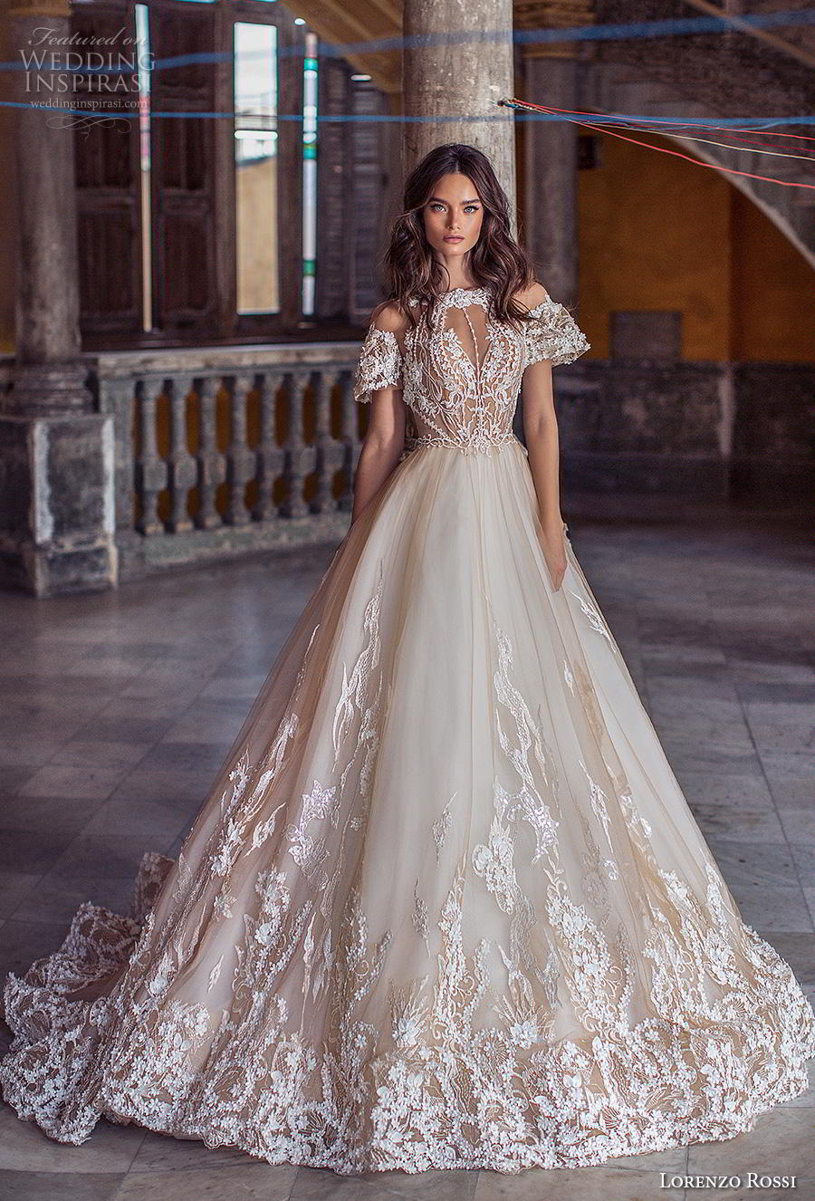 lorenzo rossi 2018 bridal short bell sleeves bateau neck heavily embellished bodice romantic elegant blush a  line wedding dress sheer button back chapel train (5) mv