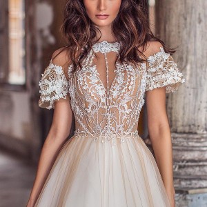 lorenzo rossi 2018 bridal short bell sleeves bateau neck heavily embellished bodice romantic elegant blush a  line wedding dress sheer button back chapel train (5) zv