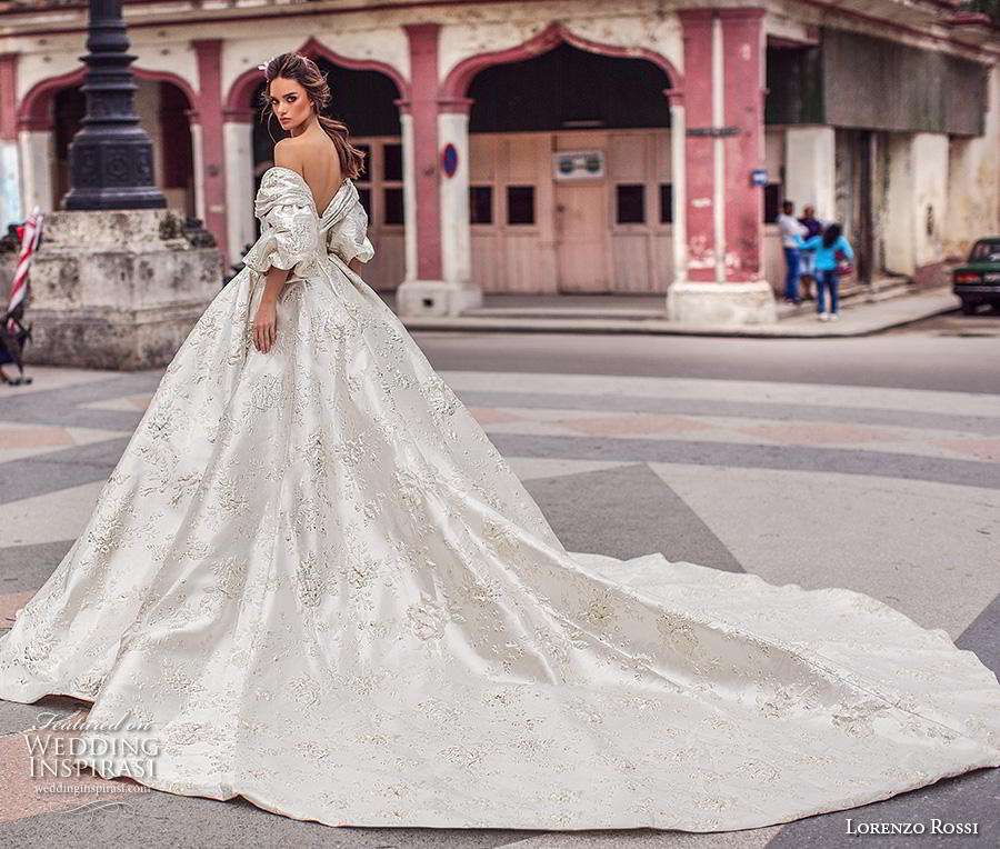 lorenzo rossi 2018 bridal three quarter balloon sleeves off the shoulder wrap over bodice full embellishment princess ball gown a  line wedding dress royal train (20) bv
