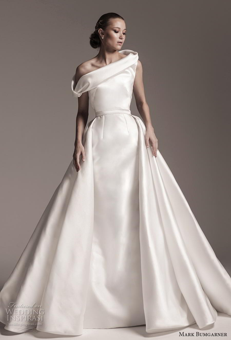 mark bumgarner fall 2018 bridal asymmetrical one shoulder neckline simple minimalist modest elegant princess ball gown a  line wedding dress overskirt covered back chapel train (11) mv