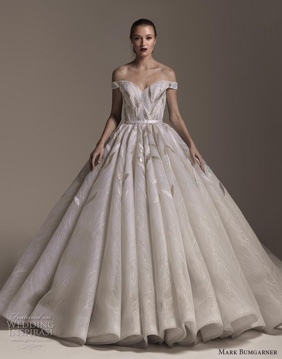 mark bumgarner fall 2018 bridal off the shoulder sweetheart eckline heavily embellished bodice glamorous princess ball gown a  line wedding dress v back royal train (2) mv