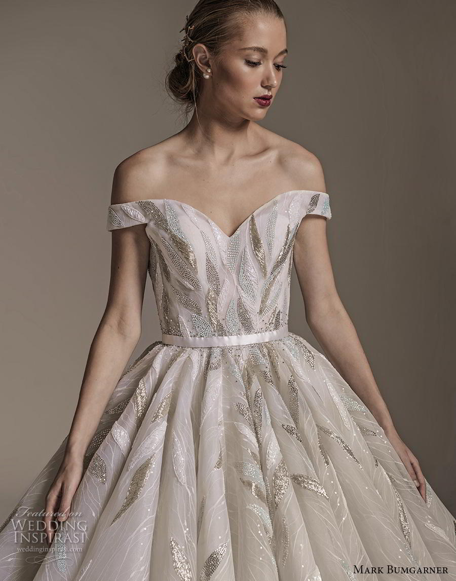 mark bumgarner fall 2018 bridal off the shoulder sweetheart eckline heavily embellished bodice glamorous princess ball gown a  line wedding dress v back royal train (2) zv