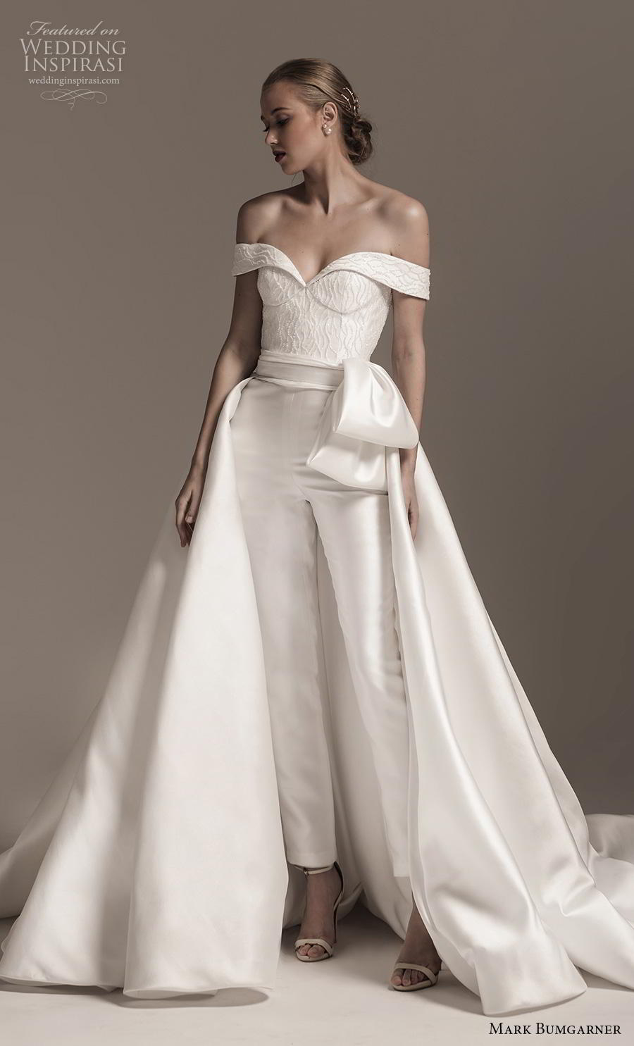 mark bumgarner fall 2018 bridal off the shoulder sweetheart neckline heavily embellished bodice modern 2 piece pants wedding dress a  line overskirt chapel train (14) mv