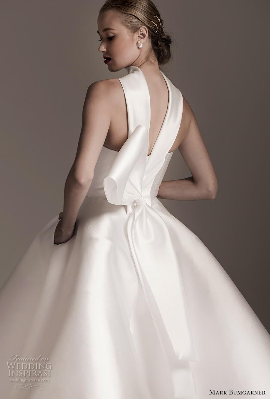 mark bumgarner fall 2018 bridal sleeveless high neck halter neckline simple minimalist tea length short wedding dress ribbon back (13) zbv