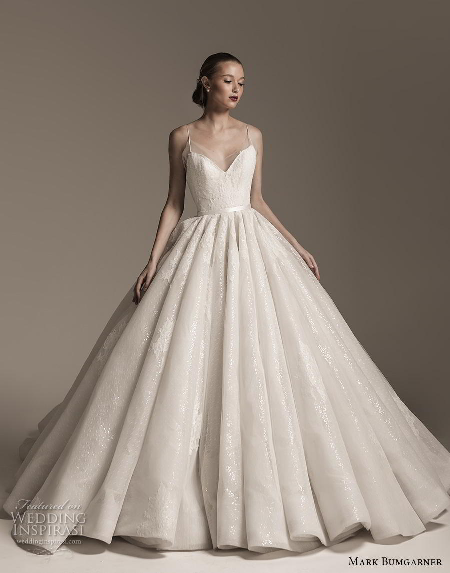 mark bumgarner fall 2018 bridal sleeveless spaghetti strap sweetheart neckline light embellishmet romantic princess ball gown a  line wedding dress mid back chapel train (7) mv