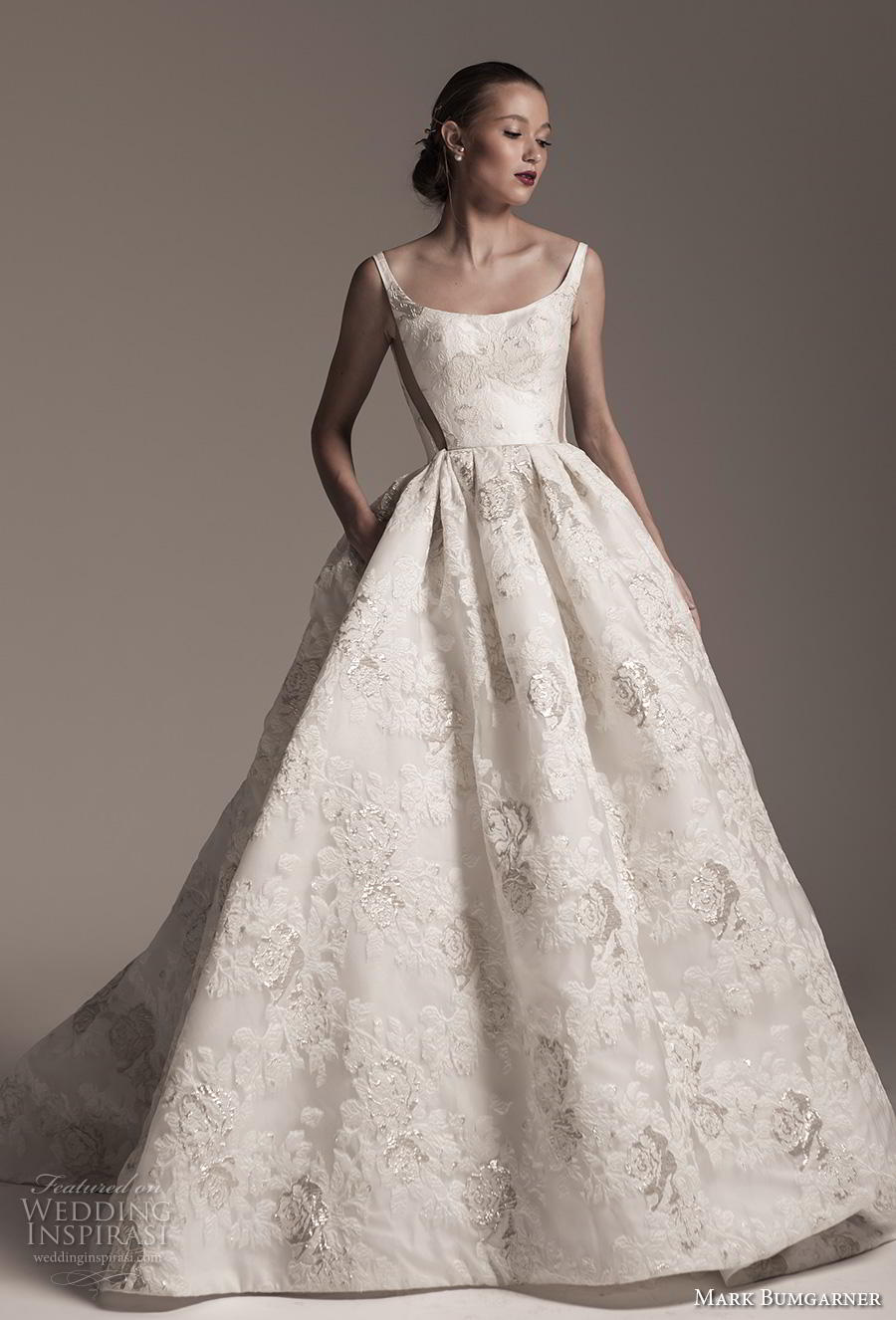 mark bumgarner fall 2018 bridal sleeveless thin strap scoop neckline full embellishment romantic princess ball gown a  line wedding dress with pockets scoop back chapel train (5) mv