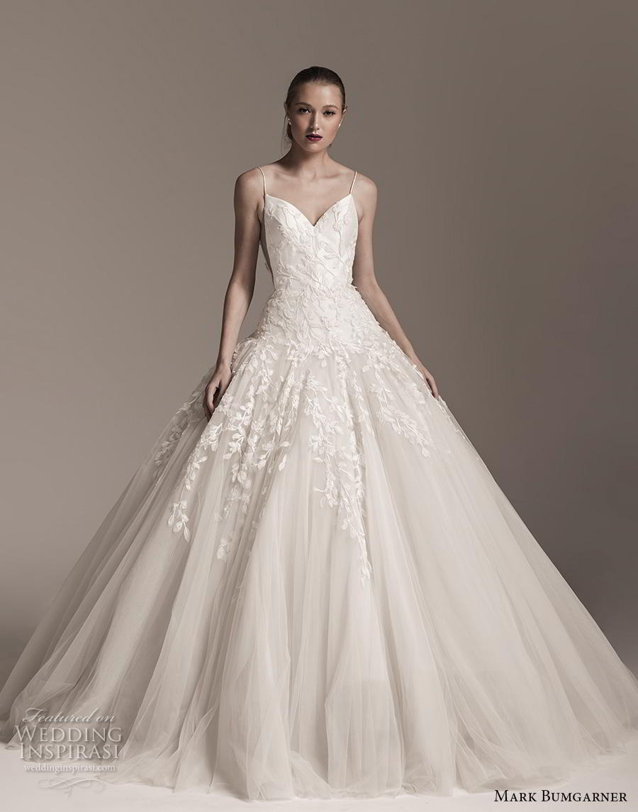 mark bumgarner fall 2018 bridal spaghetti strap sweetheart neckline heavily embellished bodice romantic ball gown a  line wedding dress mid back chapel train (1) mv