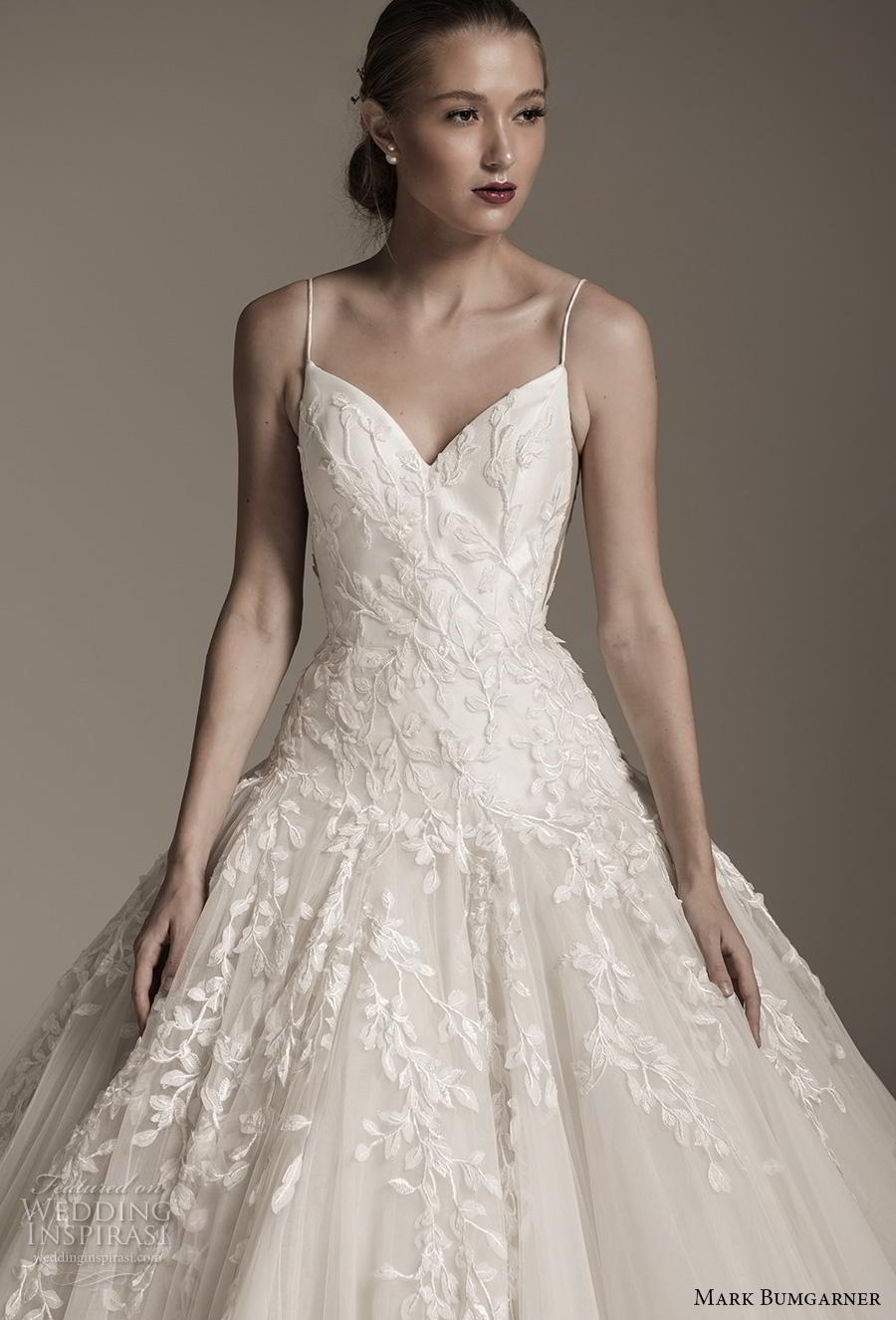 mark bumgarner fall 2018 bridal spaghetti strap sweetheart neckline heavily embellished bodice romantic ball gown a  line wedding dress mid back chapel train (1) zv