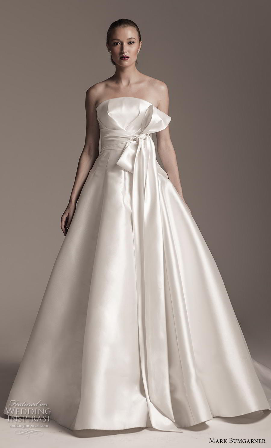 mark bumgarner fall 2018 bridal strapless straight across neckline big ribbon bodice simple romantic ball gown a  line wedding dress chapel train (6) mv