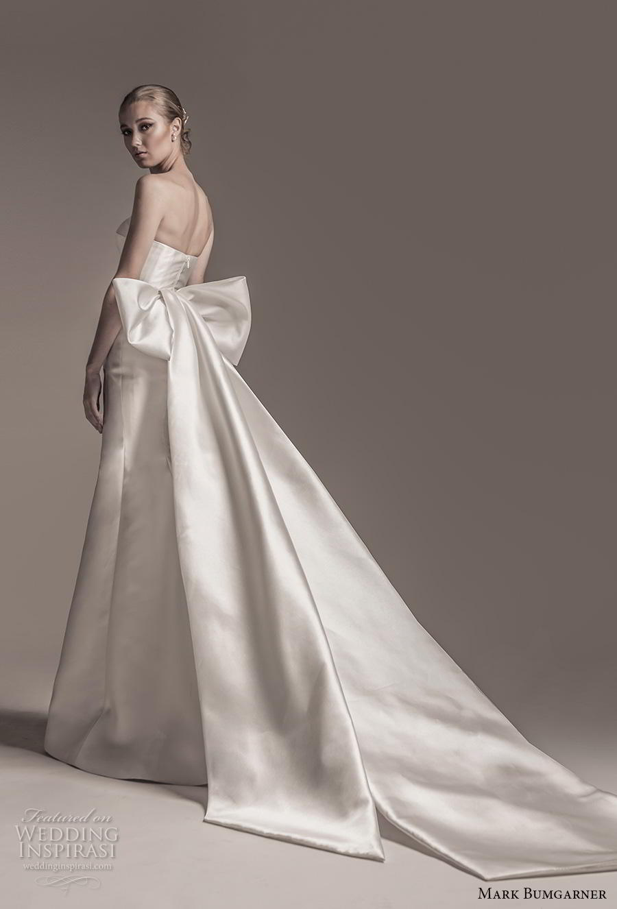 mark bumgarner fall 2018 bridal strapless straight across neckline crumb catcher simple minimalist elegant mermaid wedding dress ribbon back waist chapel train (12) bv