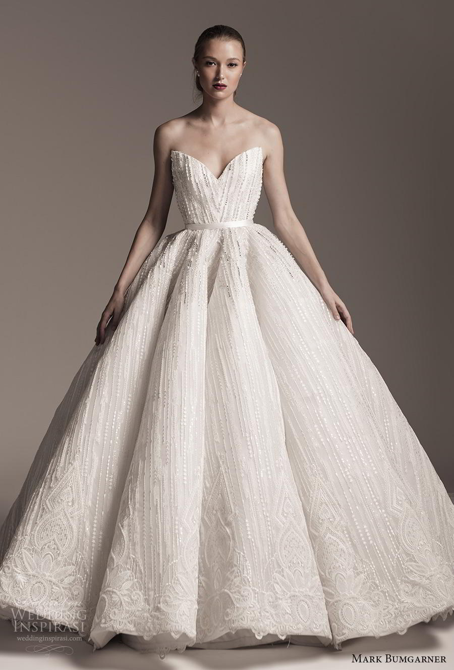 mark bumgarner fall 2018 bridal strapless sweetheart neckline full embellishment glitzy glamorous ball gown a  line wedding dress mid back chapel train (3) mv