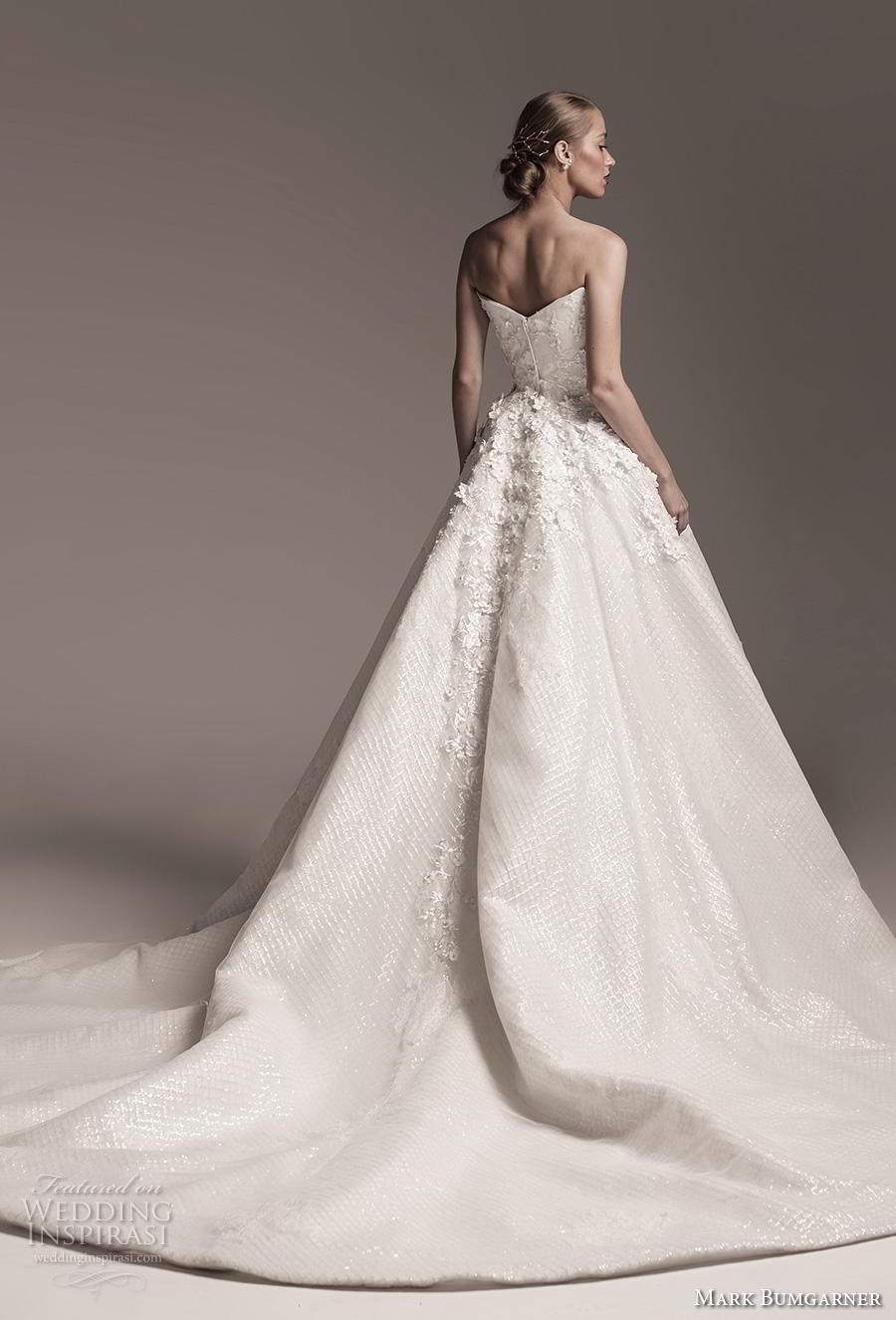 mark bumgarner fall 2018 bridal strapless v neck heavily embellished bodice romantic a  line wedding dress mid back chapel train (4) bv