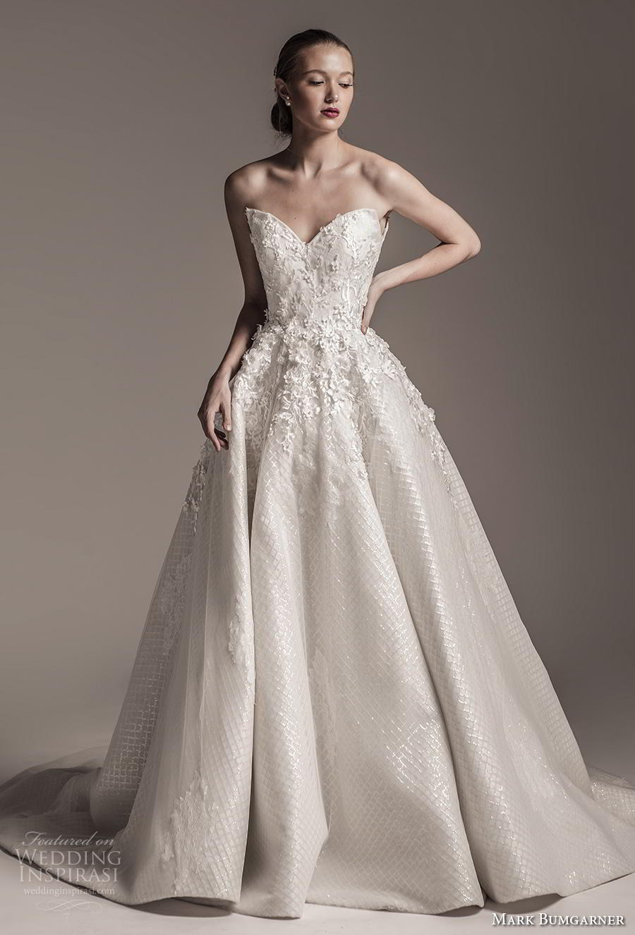 mark bumgarner fall 2018 bridal strapless v neck heavily embellished bodice romantic a  line wedding dress mid back chapel train (4) mv