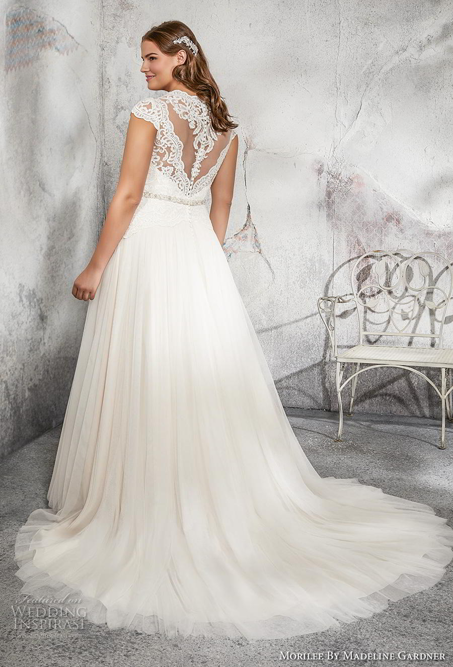 morilee 2018 julietta bridal cap sleeves scalloped v neck heavily embellished bodice romantic soft a  line wedding dress plus size sheer lace back chapel train (1) bv